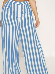 Women's Plus Stripe Print Cardigan & Wide Leg Pants Outfit Set