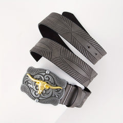 Vintage Embossed Golden Bull Head Plate Buckle Leather Belt