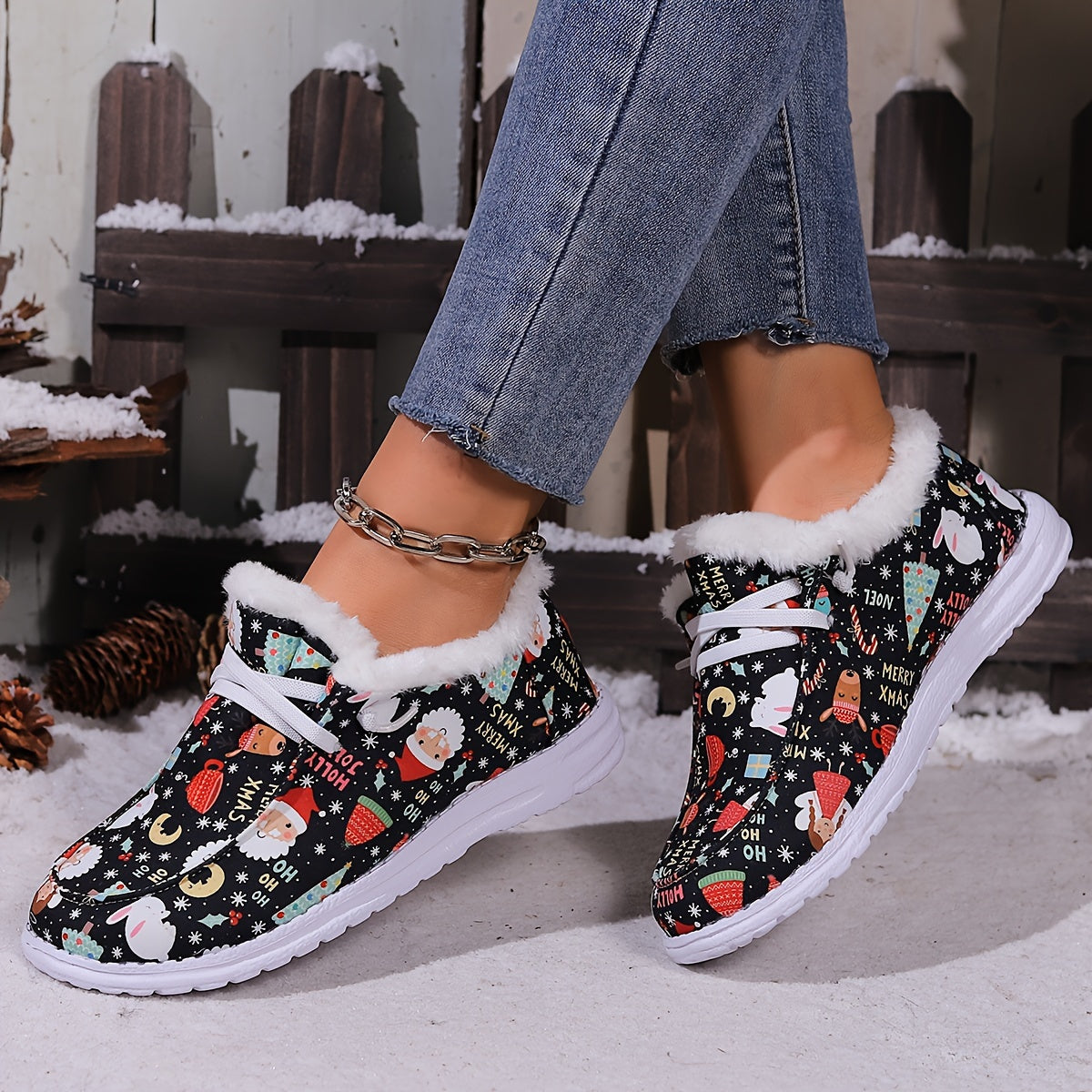 Christmas Style Snow Boots Santa Bunny Moon Pattern Plush Comfort Flats