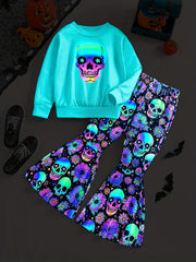 Girl's Skeleton Graphic Outfit 2pcs Set Glow in Dark Kid's Halloween Clothes