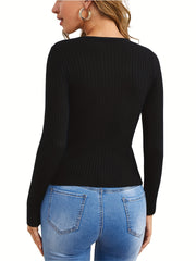 V Neck Slim Pullover Casual Long Sleeve Sweater for Women