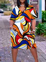 Casual Dress Women's Plus Abstract Print Short Sleeve V Neck Dress