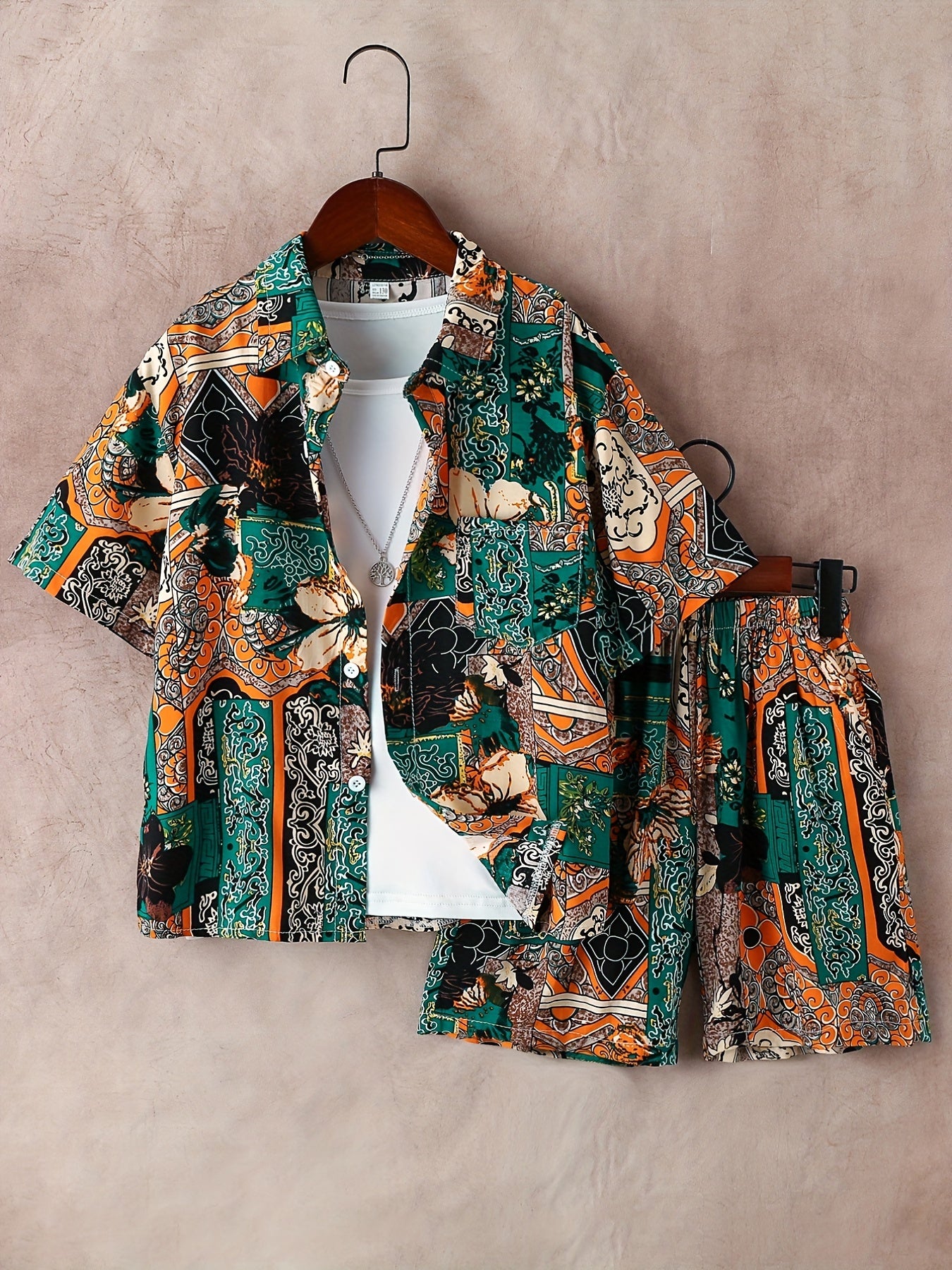Boys Flower Print Outfit Short Sleeves Button Down Shirt & Shorts