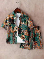 Boys Flower Print Outfit Short Sleeves Button Down Shirt & Shorts