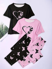 Heart Print Pajamas Set & Butterfly Print Pants