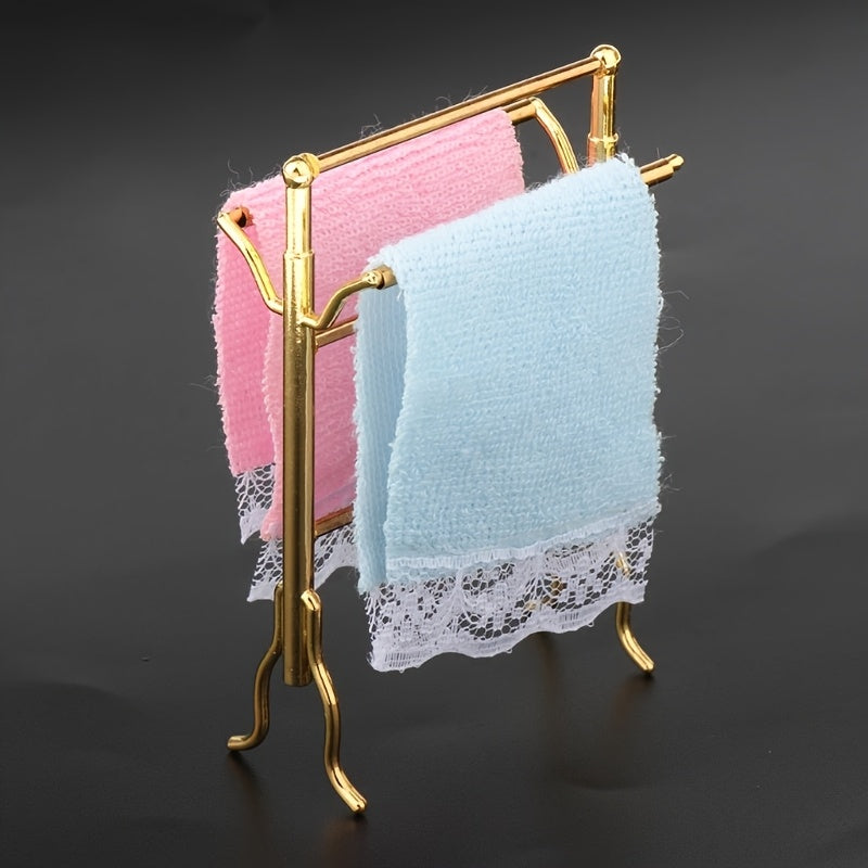 Dollhouse Metal Towel Rack Set with Towels DIY Furniture Props