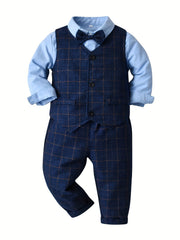 Boys Plaid Outfit Set with Bowtie Shirt & Pants