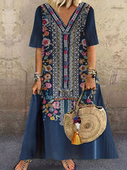 Boho Dress Women's Plus Floral Print V Neck Maxi Dress
