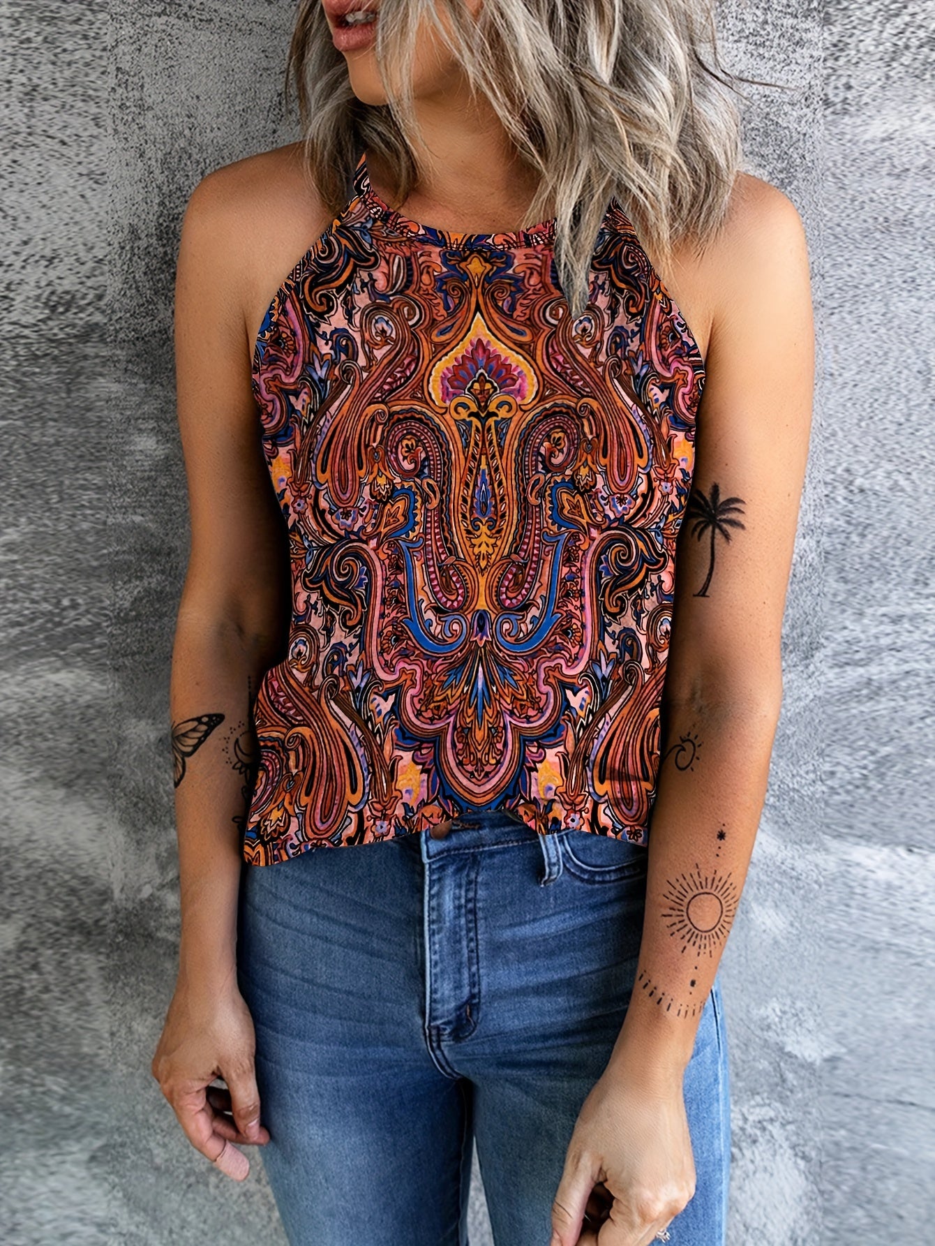 Ethnic Print Sleeveless Top Casual Crew Neck Summer Top