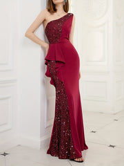 Plus Glitter Sequin One Shoulder Ruffle Trim Wedding Party Dress