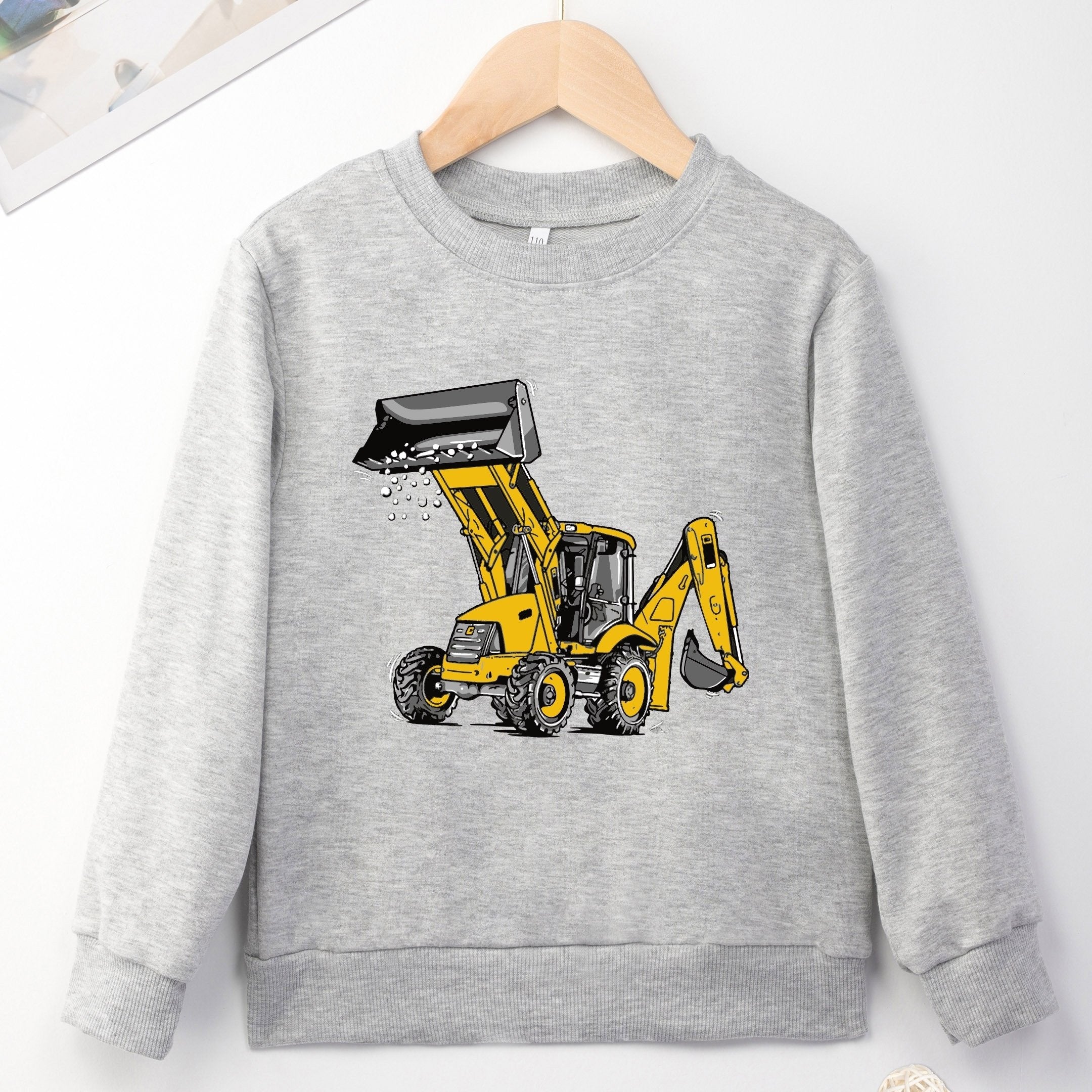 Excavator Print Boys Casual Sweatshirt Long Sleeve Crew Neck Tops