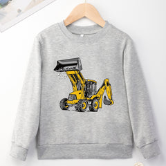 Excavator Print Boys Casual Sweatshirt Long Sleeve Crew Neck Tops