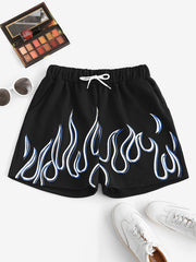 Flame Print Drawstring Shorts Elastic Waist Casual Summer Clothing
