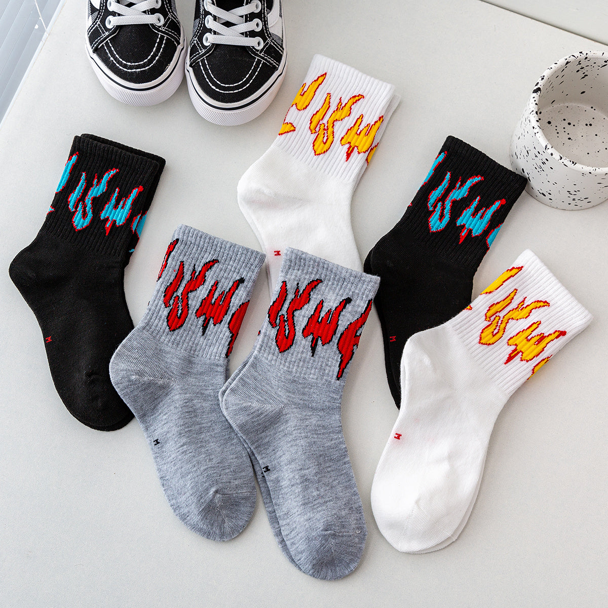 6pcs Kids Flame Print Socks & Gray
