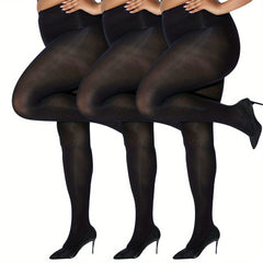 3 Pairs Plus Size Basic Pantyhose Set Women's Plus Solid Control Top