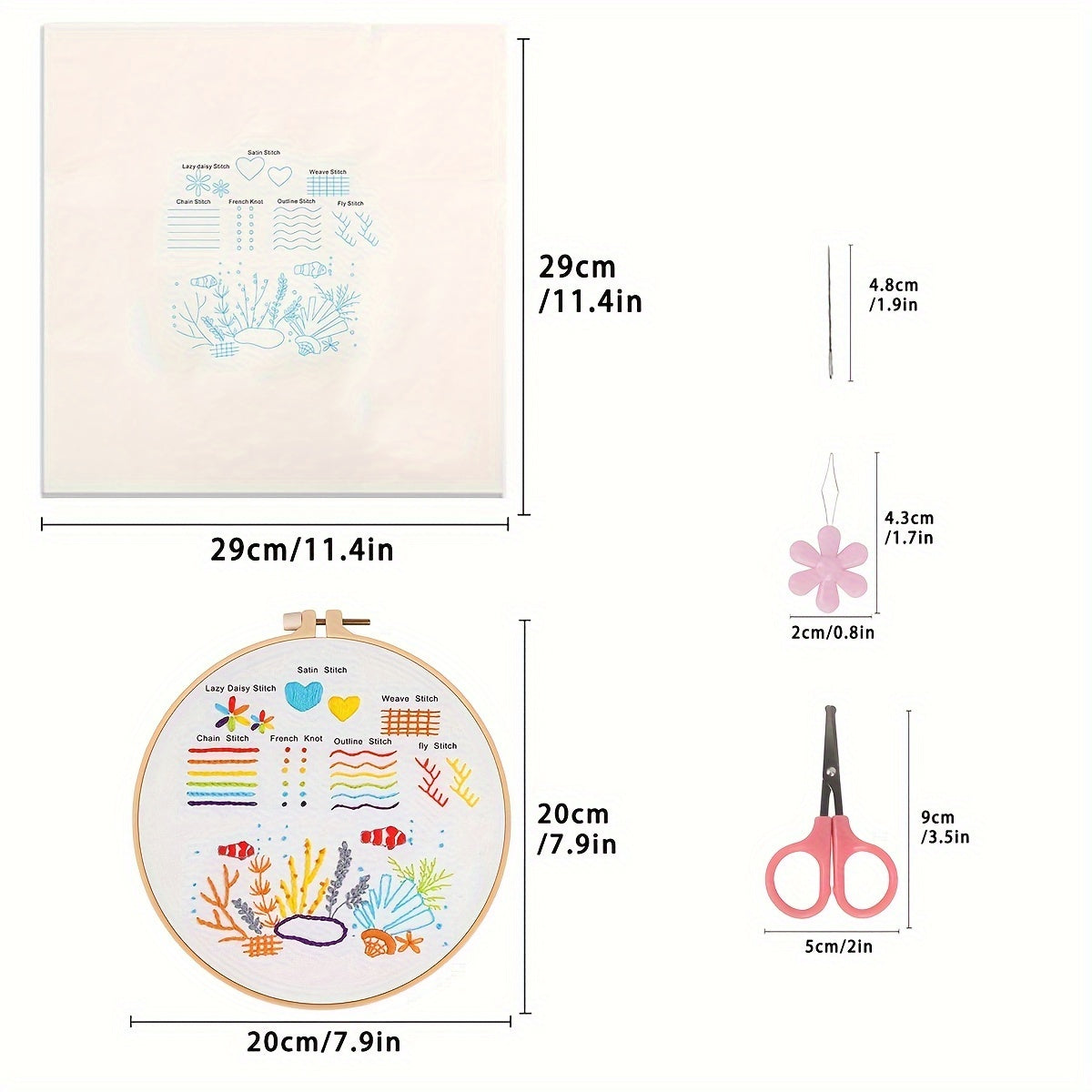3pcs Embroidery Kit Flower Pattern Material Package 1 Embroidery Hoop 20cm