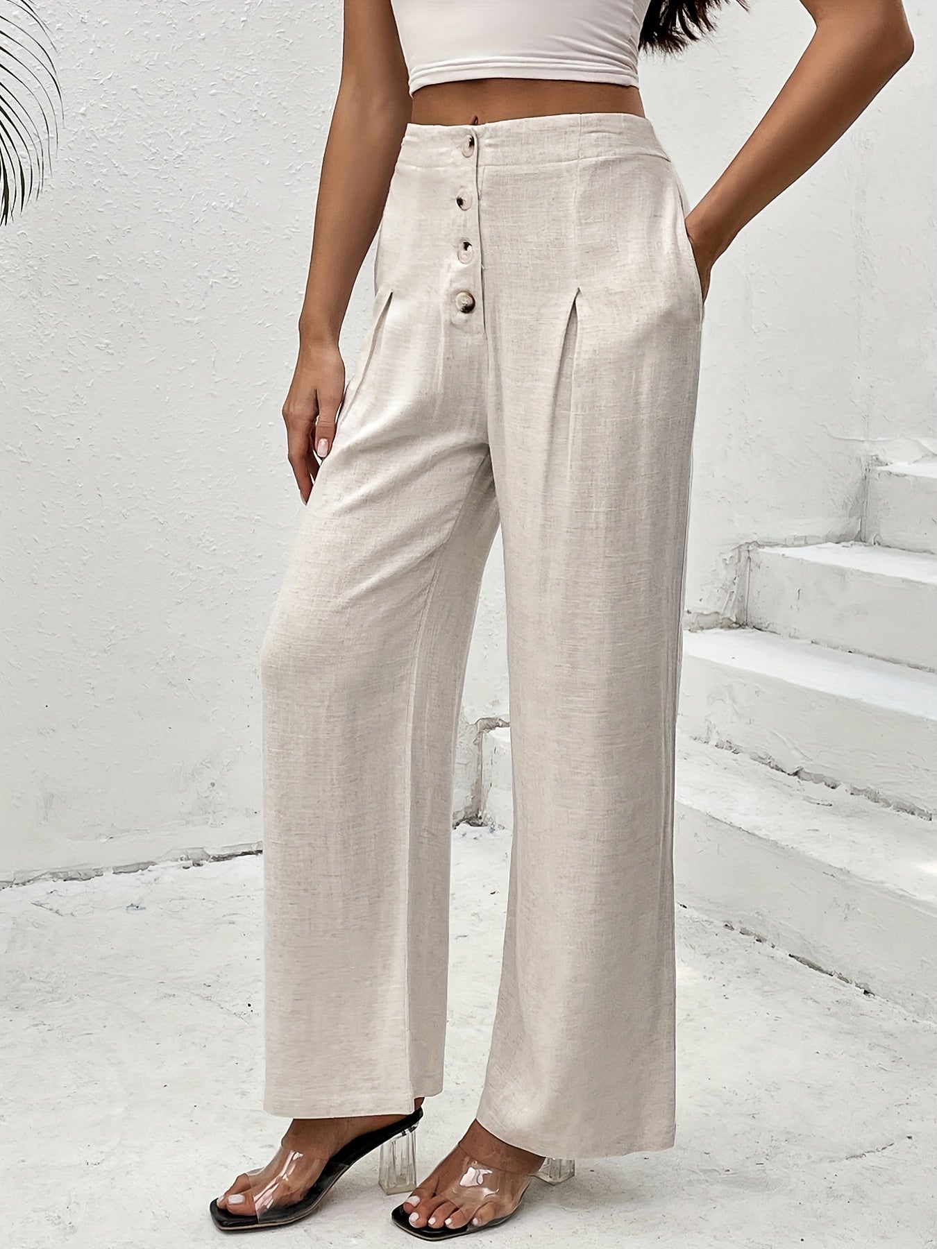 Solid Wide Leg Pants Casual Pocket Pleated Pants Women's Clothing