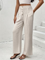 Solid Wide Leg Pants Casual Pocket Pleated Pants Women's Clothing