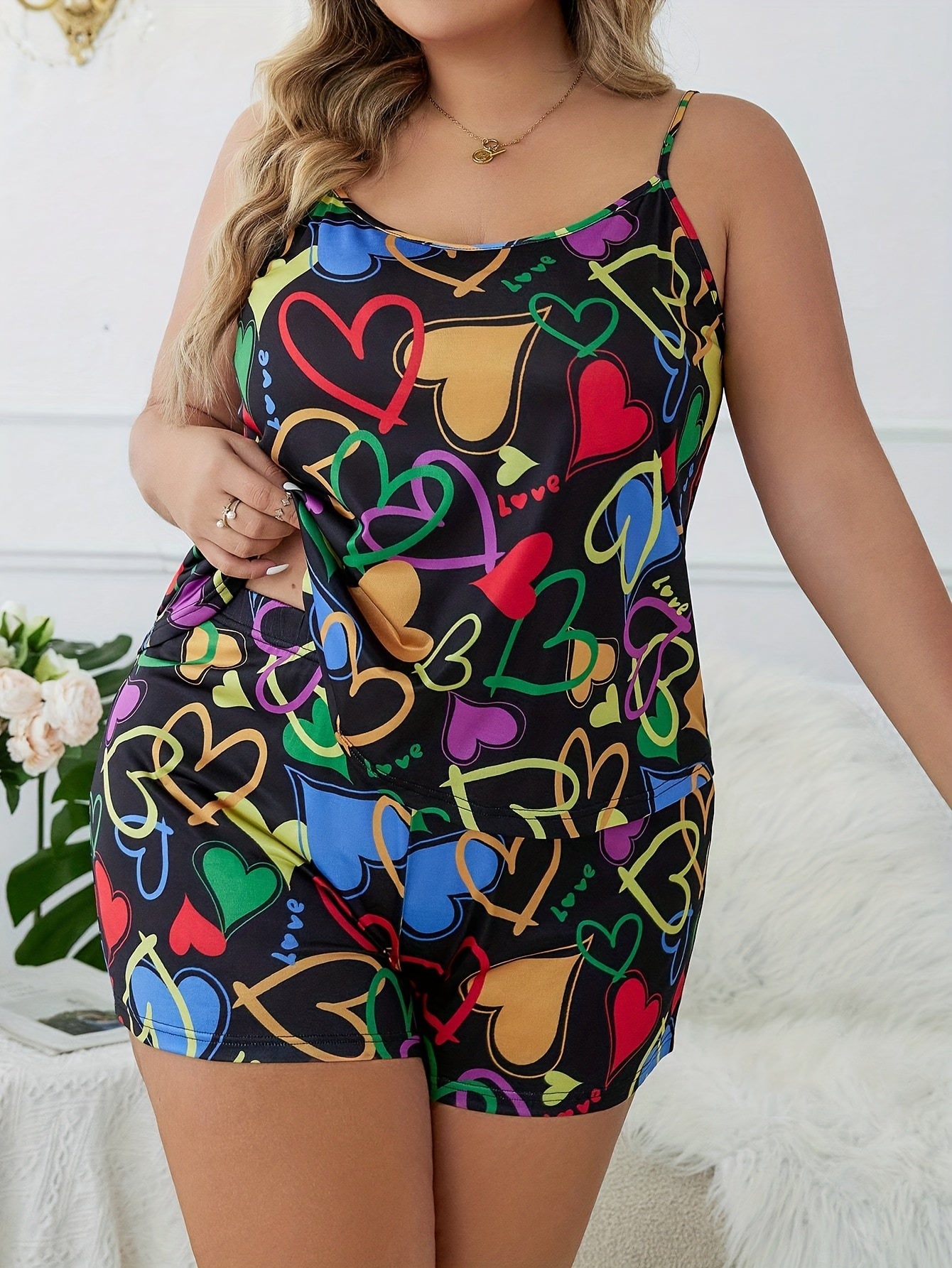Heart Print Cami Top & Shorts Pajama Set
