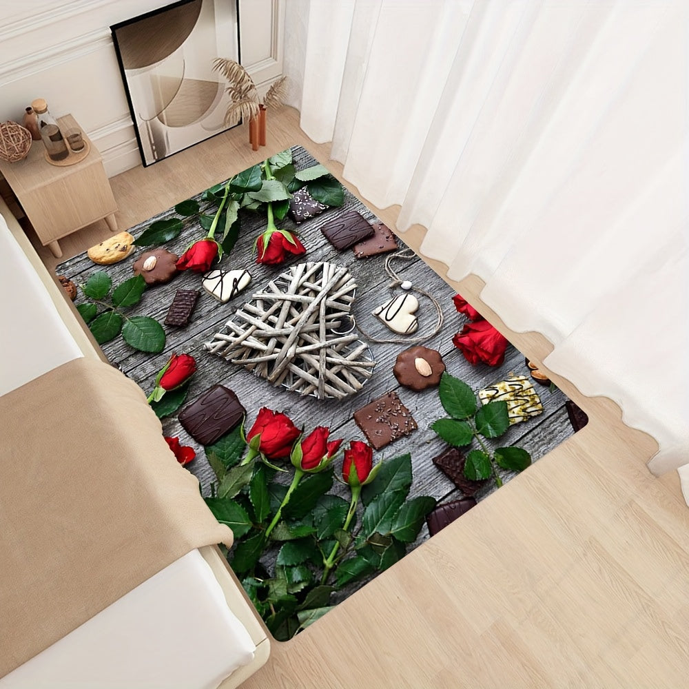 Heart Pattern Rug Red Rose Print Mat Washable Rectangular Carpet