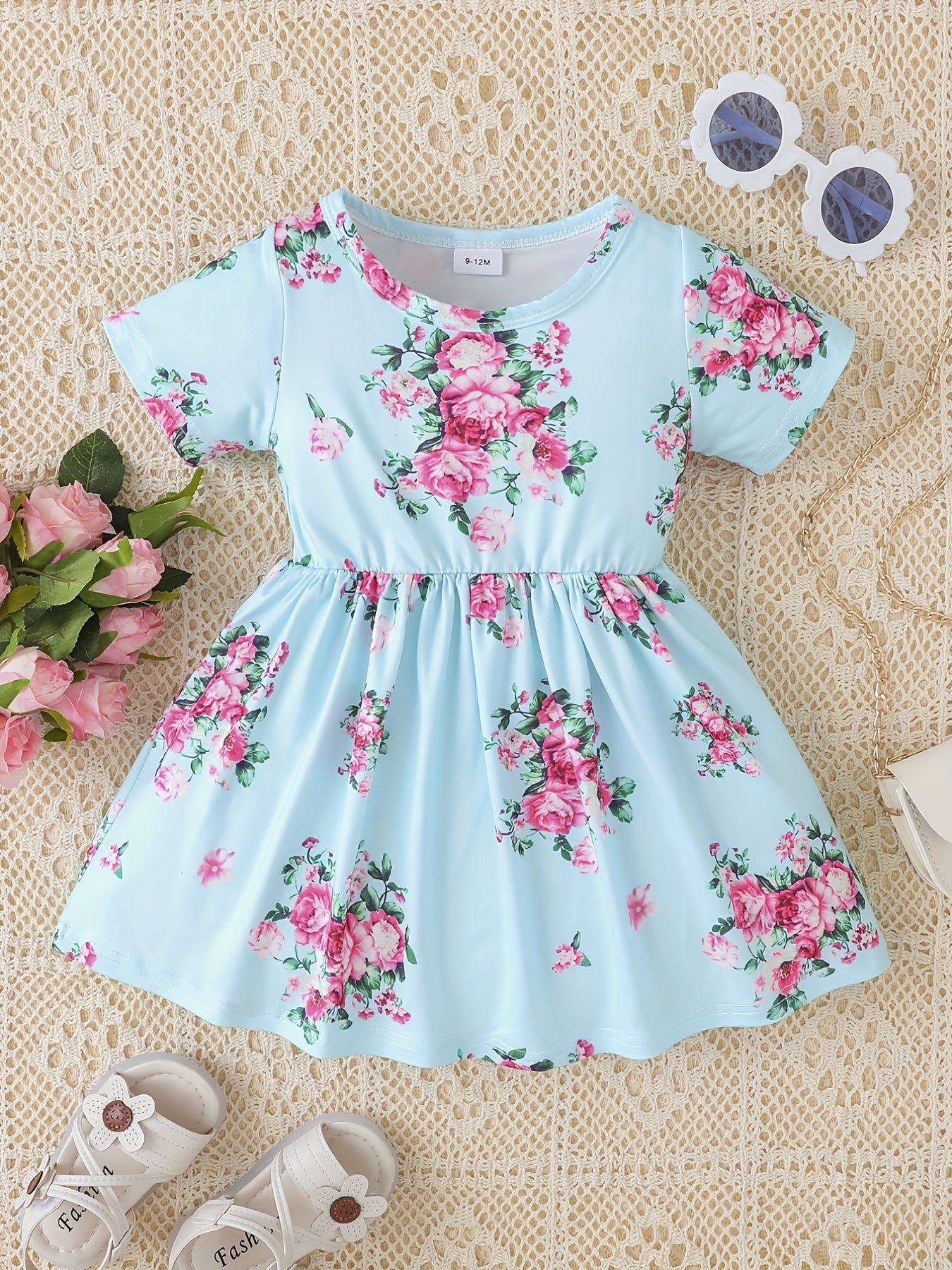 Baby Girls Floral Dress Short Sleeves Round Neck Dress