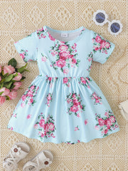 Baby Girls Floral Dress Short Sleeves Round Neck Dress