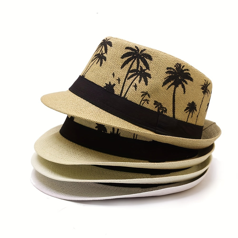 Coconut Tree Jazz Sun Hat Crochet Fedora Cap Straw Felt Summer Beach Hats