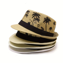 Coconut Tree Jazz Sun Hat Crochet Fedora Cap Straw Felt Summer Beach Hats