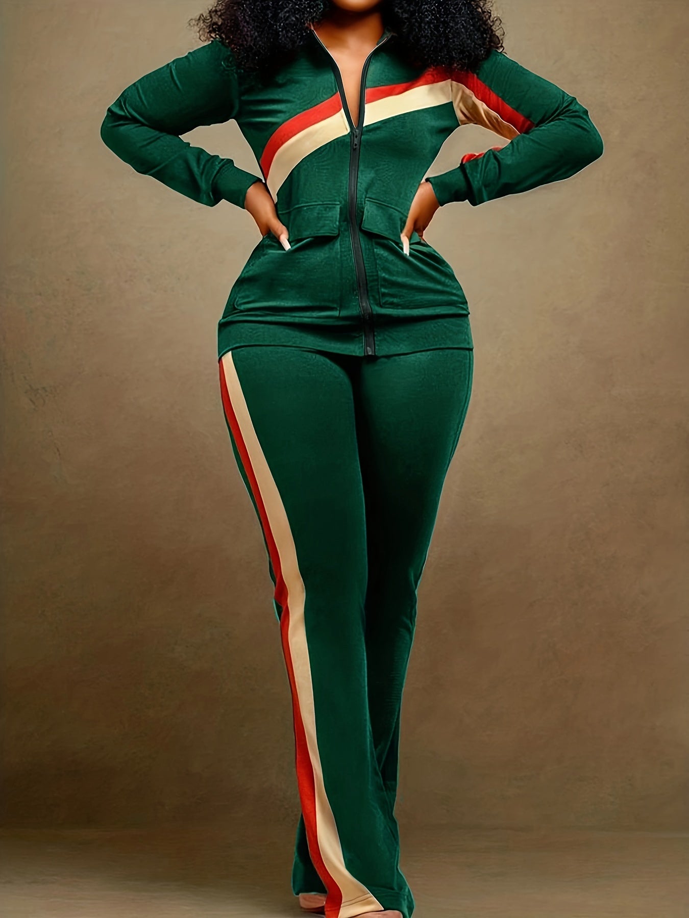 Striped Print Retro 2-Piece Set Zip-Up Jacket & Wide Leg Pants