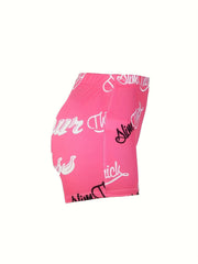 Casual Shorts Women's Plus Allover Letter Print Elastic High Rise