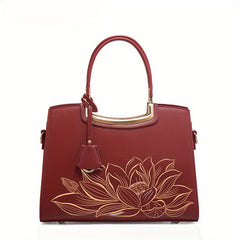 Embossed Leather Handbag for Women with Adjustable Strap & Zipper Closure