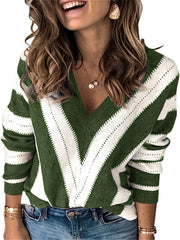 V Neck Block Knit Sweater Long Sleeve Casual