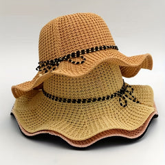 Ruffles Hollow Out Sun Hat Solid Floppy Bucket Hat Bowknot Decor Crochet