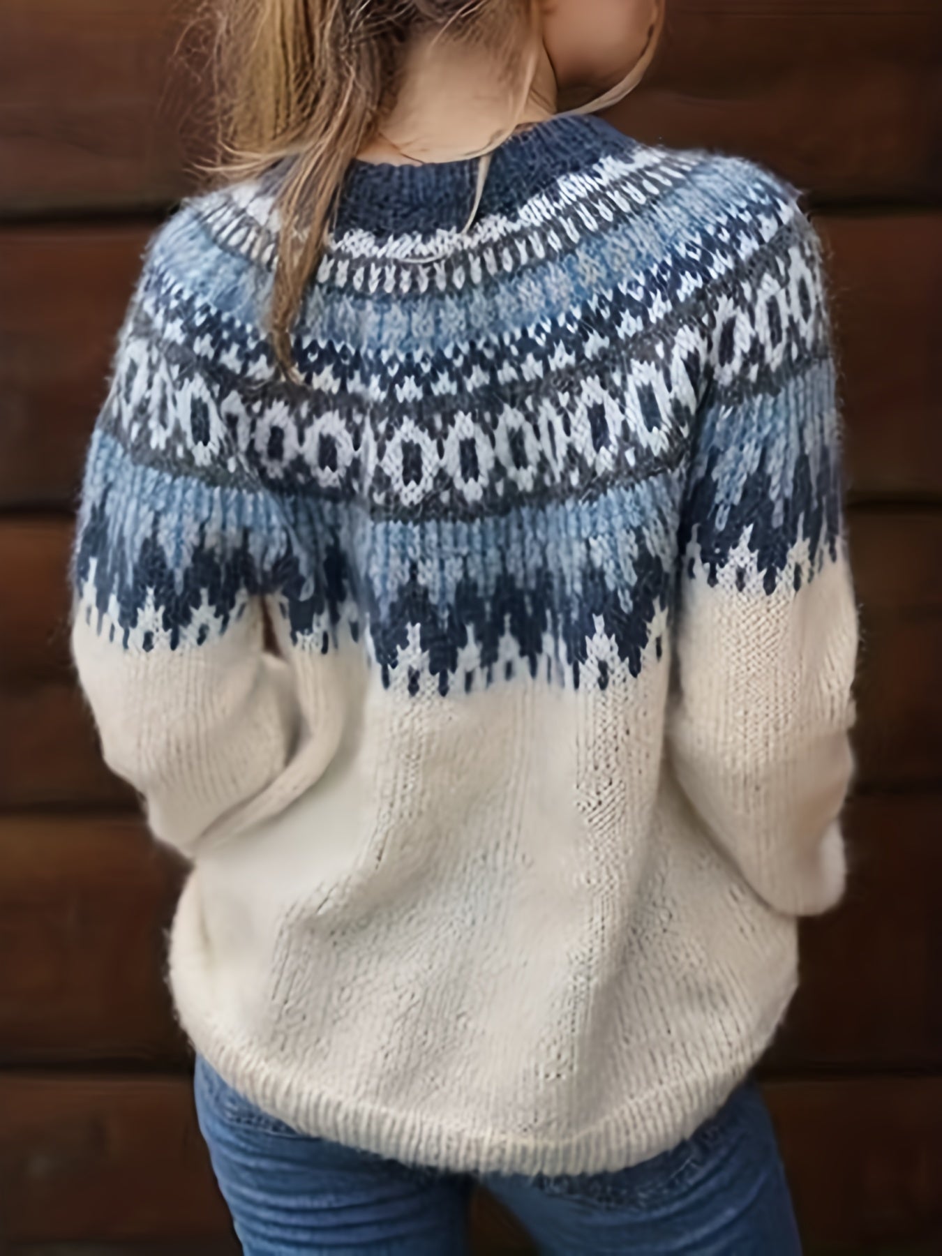 Fair Isle Pattern Crew Neck Sweater Vintage Long Sleeve Sweater