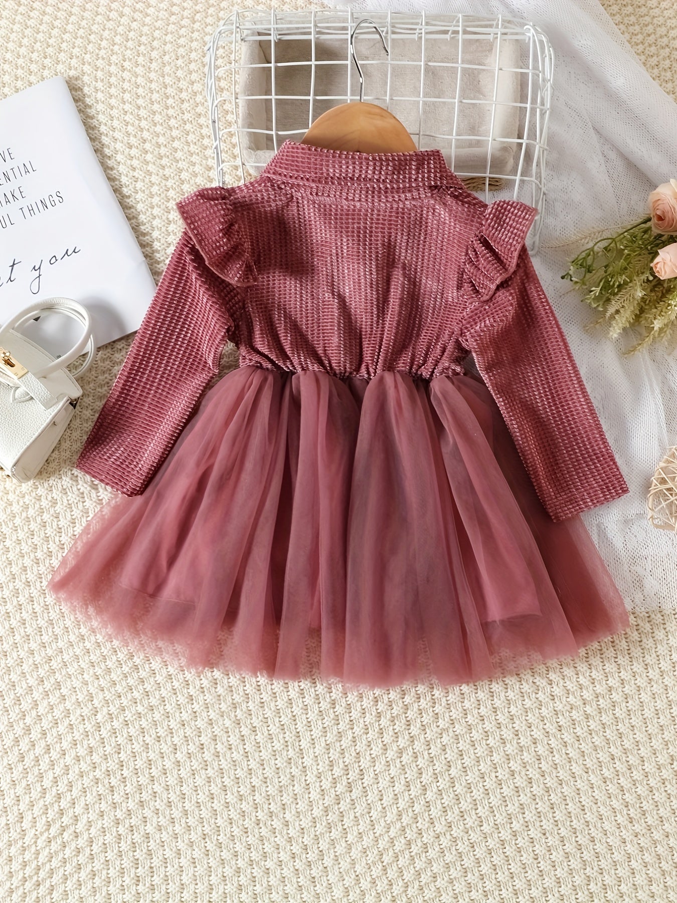 Baby Girls Long Sleeve Button Dress Bow Casual Mesh Dress