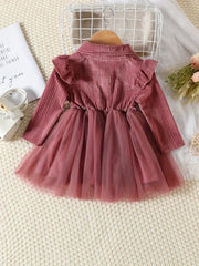 Baby Girls Long Sleeve Button Dress Bow Casual Mesh Dress