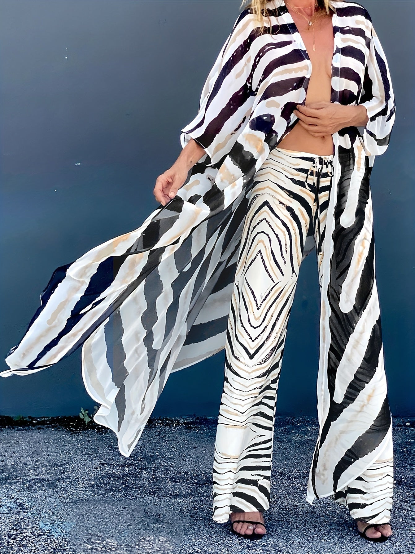 Stripes Tie Front Cover Up Cardigan & Drawstring Pants Set