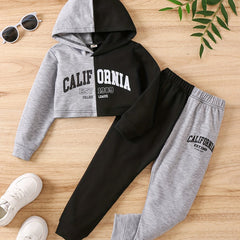 CALIFORNIA Girl's 2pcs Crop Hoodie & Sweatpants Set for Spring Fall