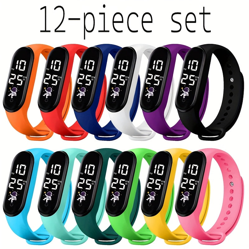 12pcs Astronaut LED Wristwatch Set for Teens, Colorful Space Theme, World Time