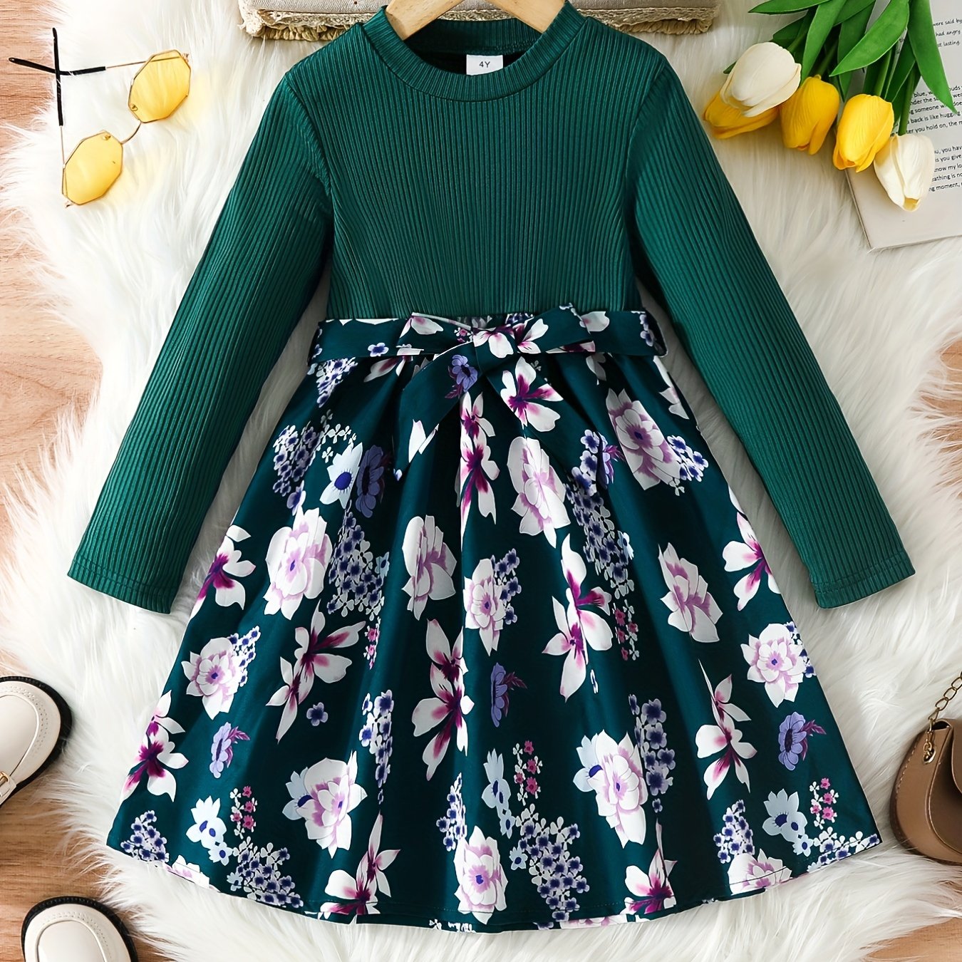 Floral Long Sleeve A Line Midi Dress with Belt