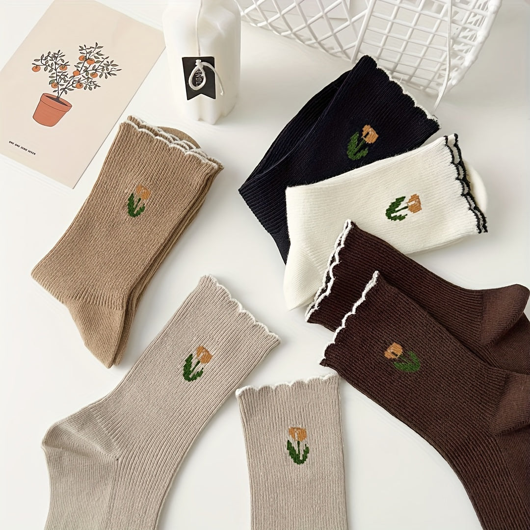 5 Pairs Floral Print Socks with Scallop Trim for Women