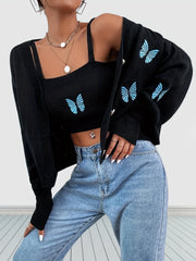 Butterfly Print Knit Two Piece Set Cami Top & Cardigan