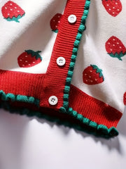 Girls Strawberry Jacquard Knit Cardigan Sweater
