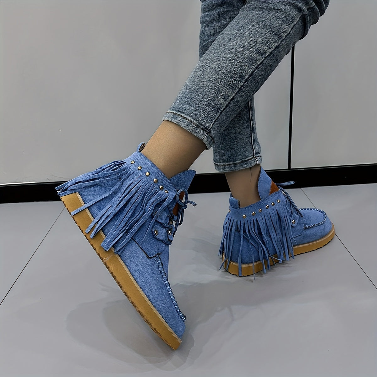 Women's Tassel Flat Ankle Boots Lace Up Anti skid High Top Boots