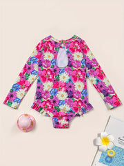 Girls One Piece Swimsuit Flamingo Tropical Flowers Long Sleeve