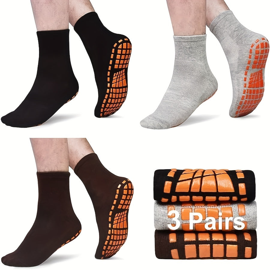 3 Pairs Men's Casual Non-Slip Yoga Socks, Warm Mid-Calf Cotton