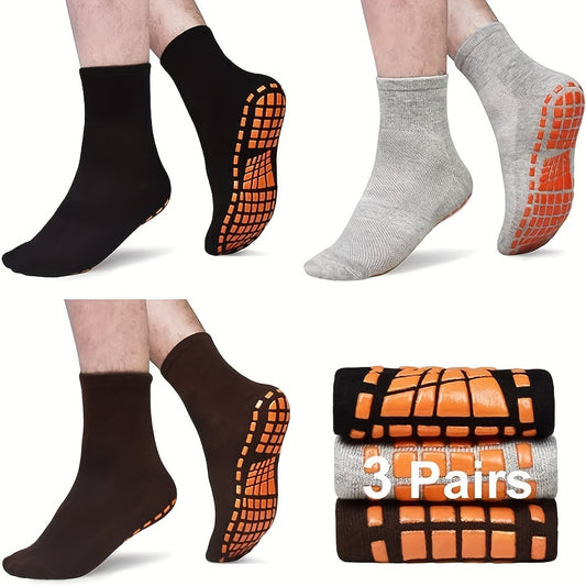3 Pairs Men's Casual Non-Slip Yoga Socks, Warm Mid-Calf Cotton