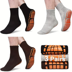 3 Pairs Men's Casual Non-Slip Yoga Socks, Warm Mid-Calf Cotton
