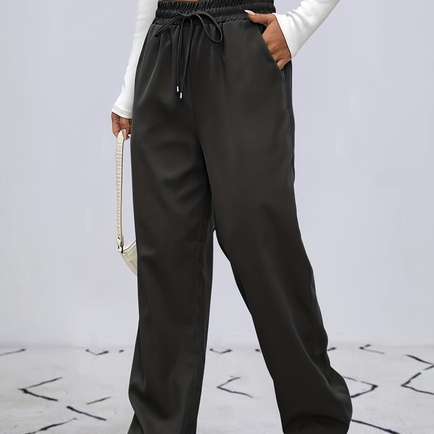Solid Drawstring Pants Casual Wide Leg Elastic Waist Pants Women's Clothing