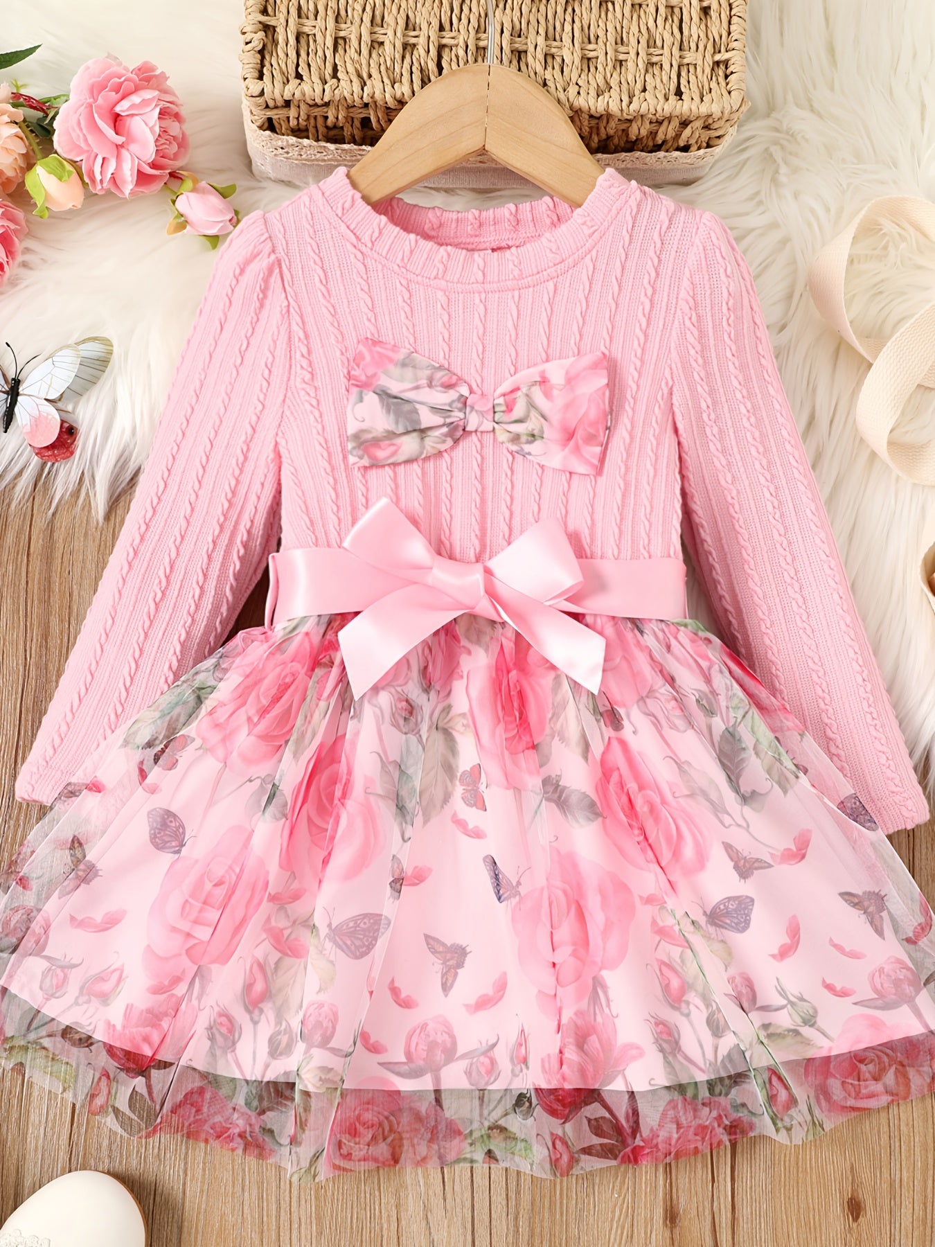 Toddler Girl Bow Front Floral Pattern Long Sleeve Dress